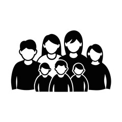 Large Family Group Silhouette Icon-Black silhouette of a large family group with adults and children, symbolizing love, unity, relationships, and community togetherness.