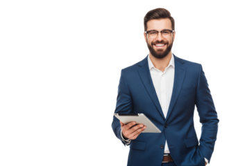 Smiling Businessman with Tablet, isolated on a transparent background
