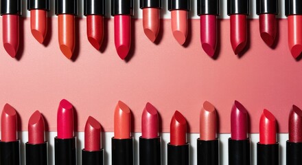 Obraz premium Assorted Lipstick Shades Arranged on Pink Background, Beauty and Cosmetics Still Life