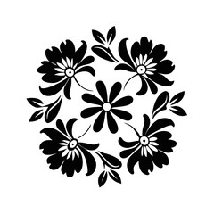 Circular Floral Silhouette Pattern Design-Black and white symmetrical floral pattern featuring five flowers and leaves arranged in a decorative circular design on a white background.