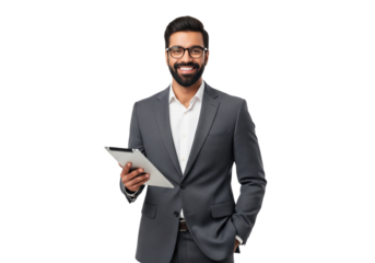 Smiling Businessman with Tablet, isolated on a transparent background