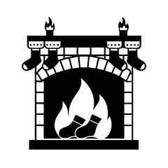 Christmas Fireplace Silhouette with Stockings-Black and white silhouette of a festive fireplace with burning fire, hanging stockings, and decorative holiday elements in a simple design.