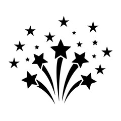 Star fireworks icon-Black silhouette of fireworks with multiple stars shooting upward, symbolizing celebration, joy, and festive events.