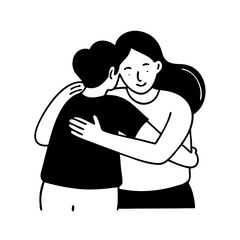 Illustration of two people hugging-Black and white vector illustration of two people embracing each other, representing care, comfort, affection, or friendship.