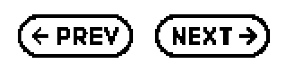 Previous and Next navigation pixel buttons. Prev, next icons set. Pixel art.