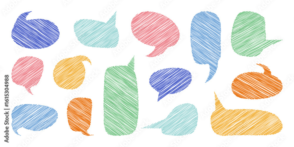 Wall mural speech bubble set, scribble text boxes with hatching, school decorative design element and stickers,