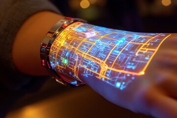 3D holographic map displayed from a wristband illuminates the hand with vibrant city pathways and landmarks during the evening