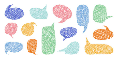 Speech bubble set, scribble text boxes with hatching, school decorative design element and stickers, talk and thoughts backgrounds. Vector illustration.