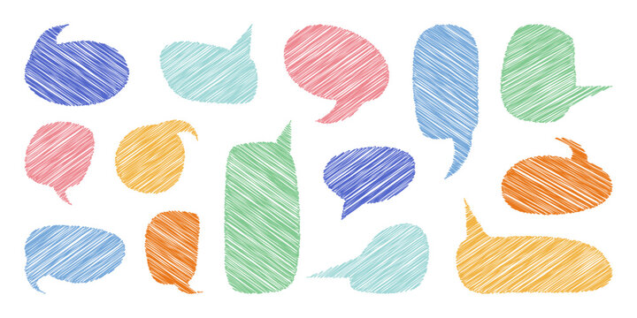 Speech bubble set, scribble text boxes with hatching, school decorative design element and stickers, talk and thoughts backgrounds. Vector illustration.