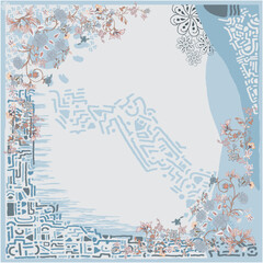 Obraz premium Abstract Blue Floral Tech Scarf Modern Inspired Shapes and Fluid Lines with Subtle Botanical Accents on a Light Blue Background