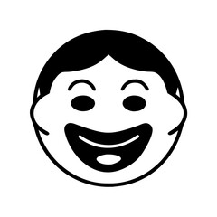 Simple happy face icon with smiling expression-Black and white graphic of a round face with a wide smile and cheerful eyes, representing happiness and joy.