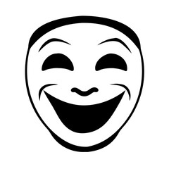 Comedy Theater Mask Smiling Face Icon-Black and white illustration of a comedy theater mask with a wide joyful smile, representing humor, performance, and the dramatic arts.