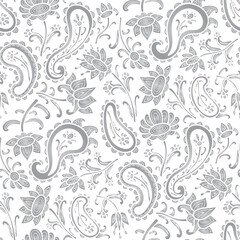 Paisley floral pattern, abstraction, swirl flowers, white and grey colors. Seamless floral pattern-805.