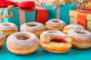 Delicious Hanukkah sufganiyot with powdered sugar and festive gifts arranged for celebration