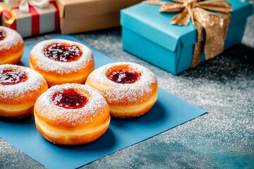 Delicious Hanukkah sufganiyot with powdered sugar and festive gifts arranged for celebration