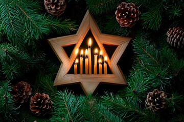 Elegant Hanukkah display with candlestick and glittering decorations in warm evening light