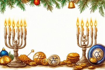 Elegant Hanukkah display with candlestick and glittering decorations in warm evening light