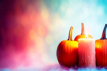 Candle lit Halloween pumpkins glowing in vibrant colors with empty space for festive greetings