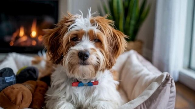 Adorable Cavapoo Puppy Relaxing in Cozy Dog Bed by Fireplace