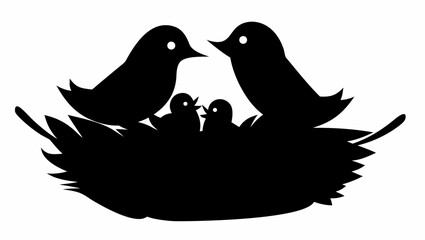 Obraz premium Silhouette of two adult birds and two baby birds in a nest made of twigs and leaves on a white background
