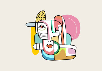 A modern cubist portrait with asymmetrical eyes, sharp lines, and vibrant color blocks. 