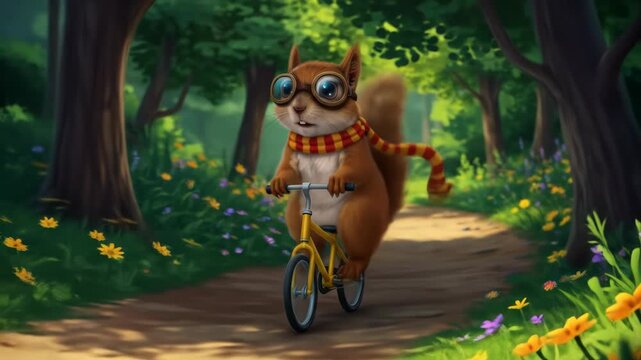 Animated squirrel with goggles & scarf rides a yellow bike in woods