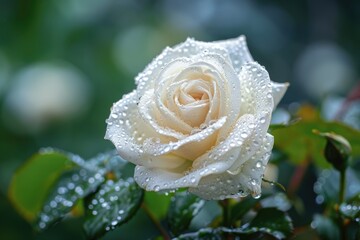 Elegant White Rose with Water Droplets on Background