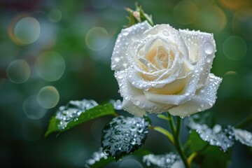 Elegant White Rose with Water Droplets on Background