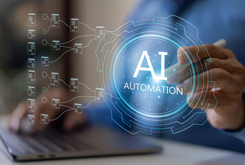 Ai automation technology with digital artificial intelligence, machine learning, robotic, workflow optimization, data analytics, erp software, rpa, data science, big data analytics and chatbot