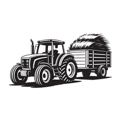 Farm tractor pulling hay trailer silhouette