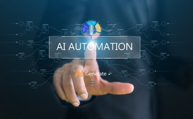 Ai automation technology with digital artificial intelligence, machine learning, robotic, workflow optimization, data analytics, erp software, rpa, data science, big data analytics and chatbot