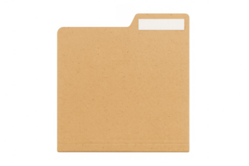 Empty manila folder with blank white label, isolated on transparent background, providing copy space for customization