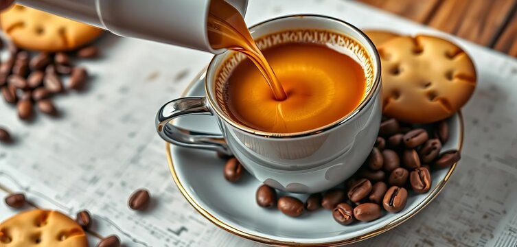 Cappuccino pouring into cup atop saucer with coffee beans and cookies, cream, aroma - Powered by Adobe