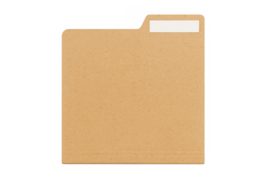 Empty manila folder with blank white label, isolated on transparent background, providing copy space for customization