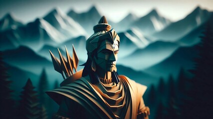 Futuristic Polygon Lord Rama with Bow and Arrows in Stylized Himalayas – Conceptual Mythology Art