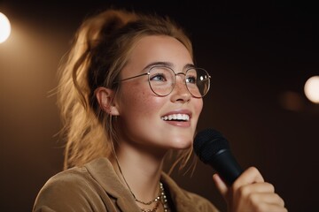Caucasian young female with glasses speaking into microphone