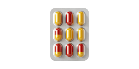 Blister Pack Of Red And Yellow Capsules. Pharmaceutical Medication And Healthcare Concept Isolated On Transparent Background