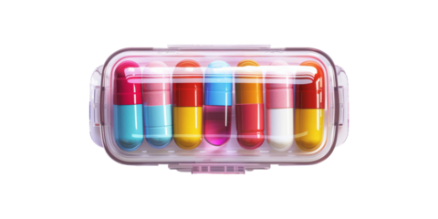 Colorful Capsule Pill Organizer. Medication Management And Health Planning Concept Isolated On Transparent Background