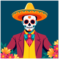 Colorful vector illustration of a Día de los Muertos skull wearing a traditional Mexican hat and suit, decorated with floral elements. Ideal for Day of the Dead designs and festive decorations.