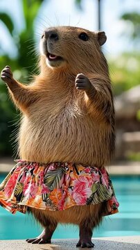 Funny capybara wearing a colorful Hawaiian skirt, dancing joyfully by a swimming pool on a bright, sunny day in summer