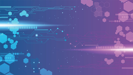 Abstract background with contrasting blue and purple geometric tech designs, lines, and hexagon shapes.