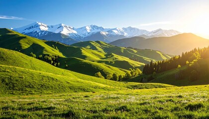 Breathtaking mountain landscape with rolling green hills, snow-capped peaks in the distance, and a clear blue sky, midday sunlight