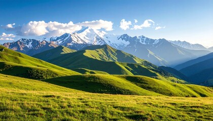 Breathtaking mountain landscape with rolling green hills, snow-capped peaks in the distance, and a clear blue sky, midday sunlight