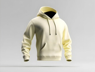 Cream-colored hoodie,  front view,  floating,  casual style,  relaxed fit.  Features drawstring hood,  front pocket