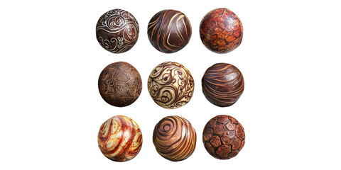 Obraz premium Assorted Gourmet Chocolate Truffles With Artistic Designs. Luxurious Confectionery For Special Occasions Isolated On Transparent Background