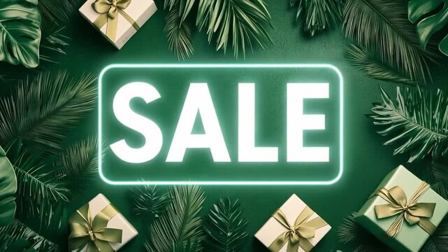 Glowing neon sale sign on a green background surrounded by tropical leaves and gift boxes with golden ribbons, creating a vibrant and festive atmosphere