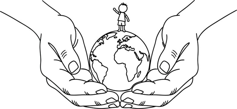 Save the world earth day illustration hands holding globe with child on top drawing