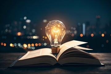 Glowing light bulb on open book symbolizing ideas and knowledge-A lit light bulb resting on an open book with a blurred city skyline at night, representing inspiration, learning, and creativity.
