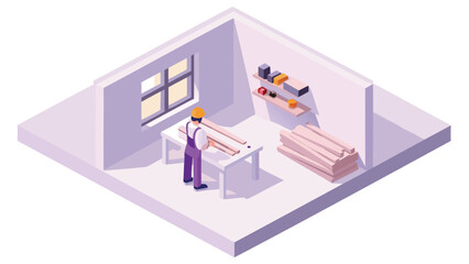 Isometric view of a carpenter working with wood in a room with shelves and a window scene