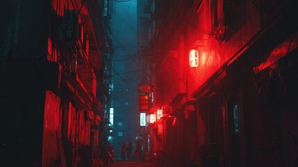 Neon-lit alleyway at night